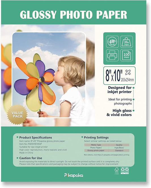 36lb Glossy Photo Paper, 8x10, 8R Size, Thin Glossy Photo Paper for Chip Bags, Inkjet, 100 Pack-DeskLoop Office