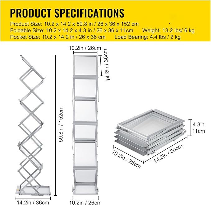 VEVOR Literature Rack, 6 Pockets, Pop up Aluminum Magazine Rack, Lightweight Catalog Holder Stand w/Carrying Bag for Living Room, Hotel, Trade Show, Exhibition, Office-DeskLoop Office