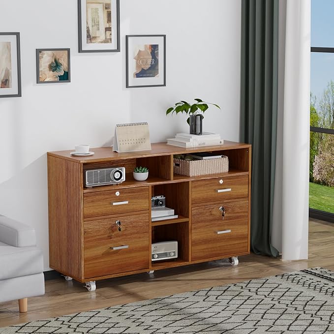 VINGLI Wide 4 Drawer Lockable Rolling File Cabinet with Open Shelves - Walnut Wood Lateral File Cabinet Printer Stand for Home Office, Letter Sized-DeskLoop Office