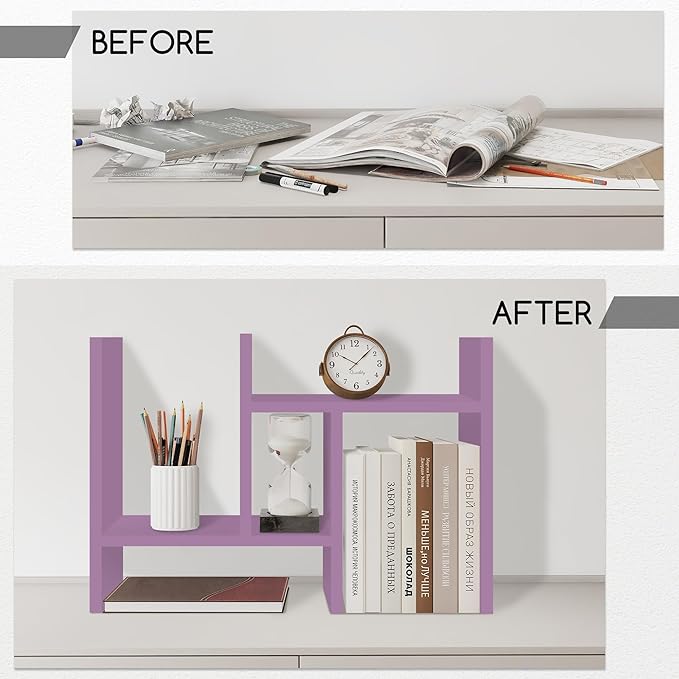 Jerry & Maggie Desktop Organizer Office Storage Rack Adjustable Wood Display Shelf Free Style Double H, Multi-Functional Mini Bookshelf for Desk Natural Stand (Violet)-DeskLoop Office