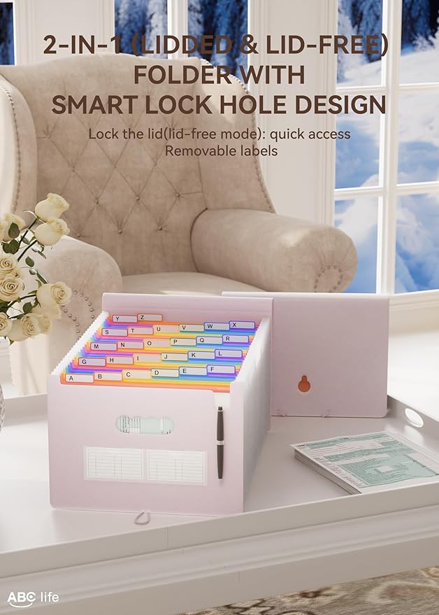 ABC life 26 Pockets Accordian File Organizer Expanding File Folders, Portable Letter A4 Size Filing Box,Plastic Monthly Receipt Document Organizer with Colored Tabs (Pinkish Purple)-DeskLoop Office