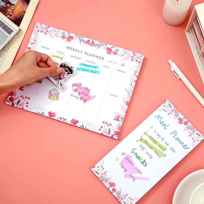 Weekly Planner Notepad Tear Off Set of 2 Weekly Calendar Pad 52 Undated To Do List Notepad Desk Planning Pads Productivity Tracker for Work School Home Goals Notes Schedule Ideas, Floral Pink-DeskLoop Office