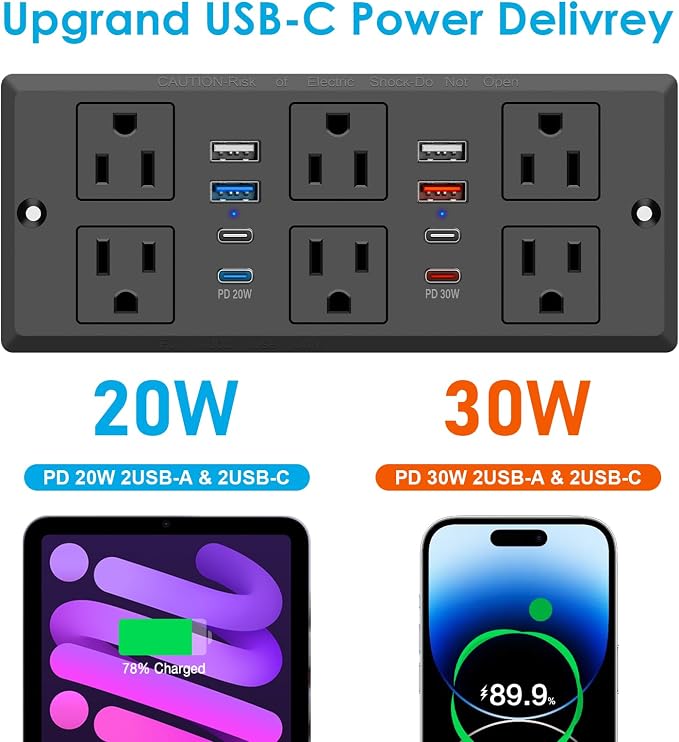 30W Recessed Power Strip USB C, Desk Flush Mount Outlet Plug in 6 AC & 8 USB - Image 9