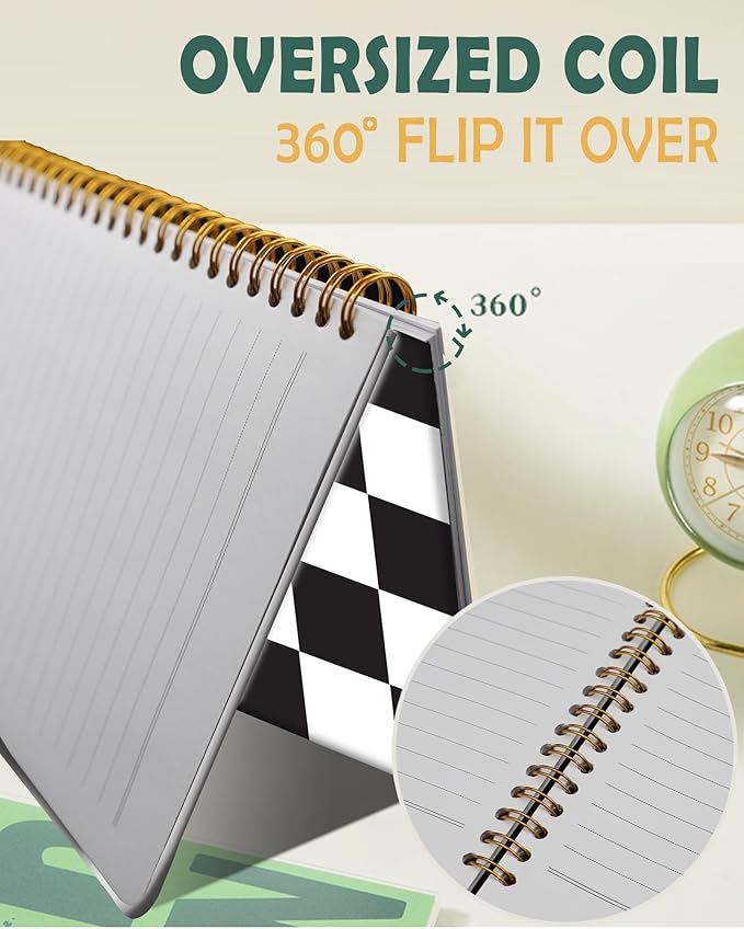 Ruled Spiral Writing Notebook,A5 Hardcover Lined College Journal for Women Lady,Fashion Puppy Watercolor Strong Twin-Wire Binding with Premium Paper,8.4" X 6",Perfect for School,Office,Home Gifts(Black White Checker)-DeskLoop Office