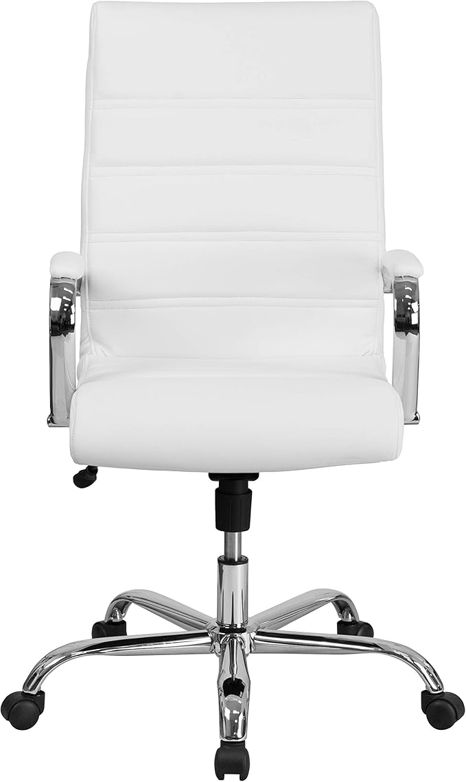 Flash Furniture Whitney High-Back Swivel LeatherSoft Desk Chair with Padded Seat and Armrests, Adjustable Height Padded Office Chair, White/Chrome-DeskLoop Office