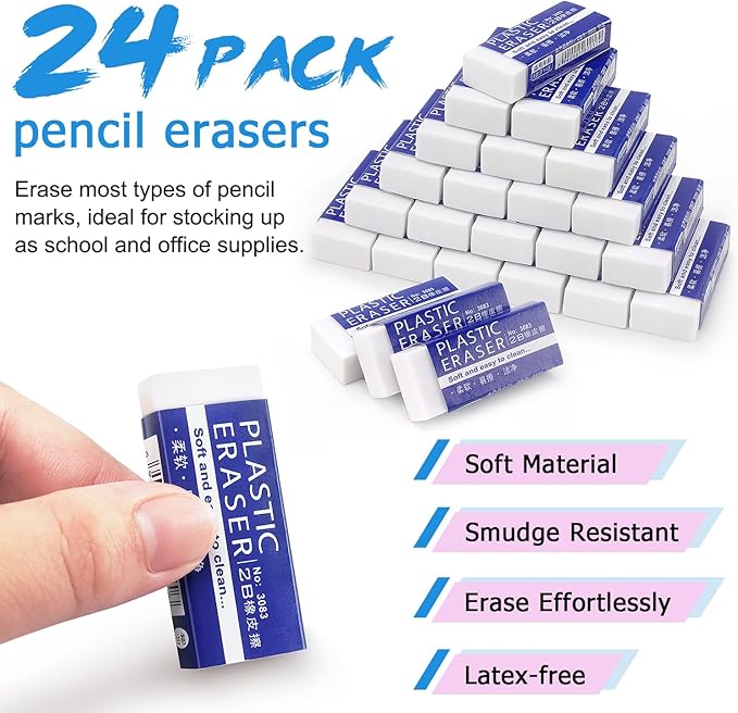 Tamaki 24 Pack Pencil Erasers, Large White Erasers for School Office, Art Erasers for Drawing-DeskLoop Office