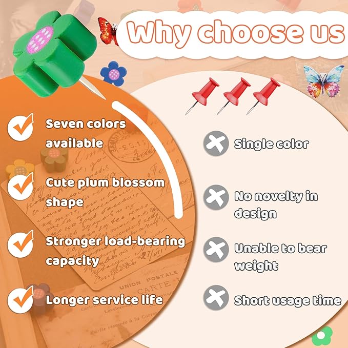 80 Pcs Push Pins for Cork Board, Decorative Thumb Tacks Wooden Push Pins Head Pin Wood Map Tacks Pin, Wood Thumb Tacks for Bulletin Boards Craft Projects with Storage Box-Flower and Butterfly-DeskLoop Office