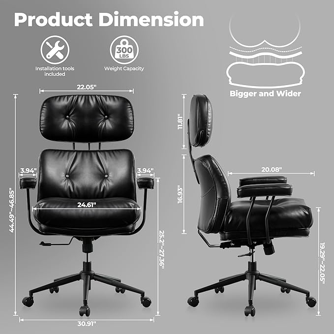 ovios Ergonomic Home Office Chair, Mid-Century Modern Faux Leather Chairs with Thickened Cushions, Comfy High Back Swivel Rolling Executive Computer Armchair (Black, PU Leather)-DeskLoop Office