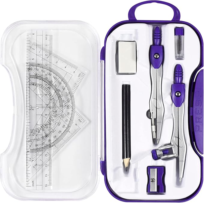 Math Geometry Kit Sets 10 Piece Student Supplies with Shatterproof Storage Box,Includes Rulers,Protractor,Compass,Eraser,Pencil Sharpener,Lead Refills,Pencil,for Drafting and Drawings(Purple)-DeskLoop Office