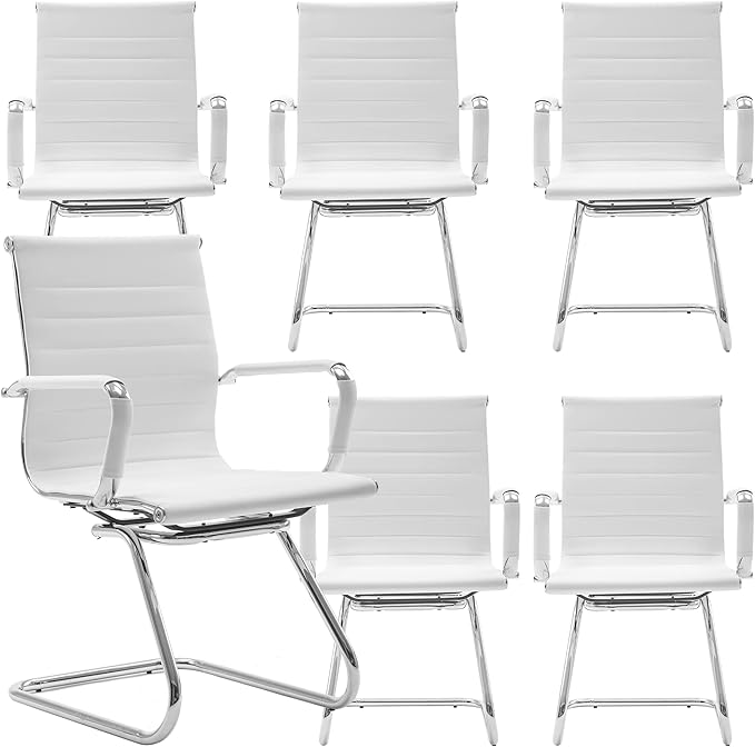 White Office Desk Chair No Wheels Set of 6 PU Leather Computer Chairs Mid Back Guest Chairs for School Reception Conference Waiting Room, White-DeskLoop Office