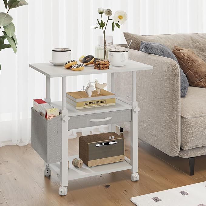 Large 22"x15" Printer Stand, 3-Tier Height Adjustable with Storage Drawer & Side Bag, Rolling Cart for Heat Press/Laser/3D Printer (White)-DeskLoop Office