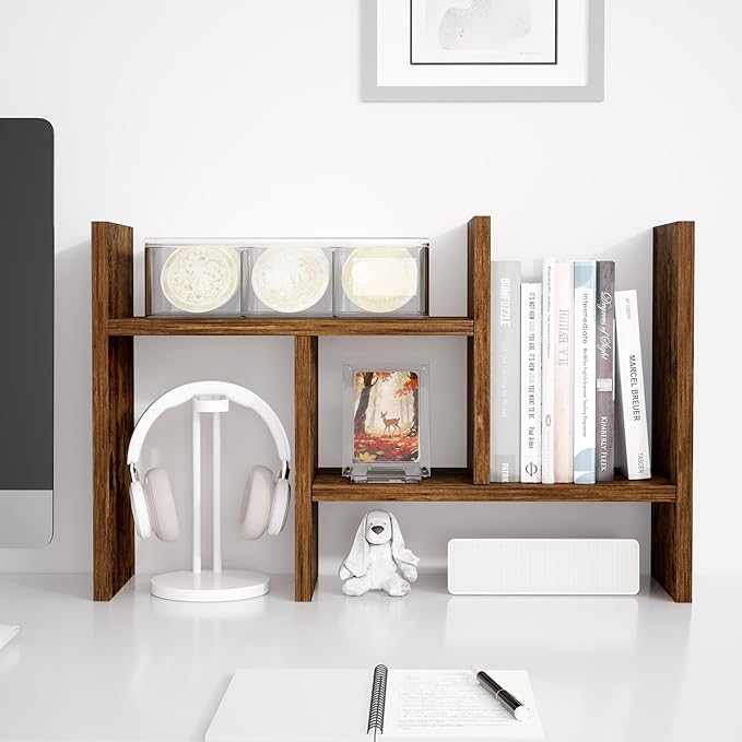 Jerry & Maggie Desktop Organizer Office Storage Rack Adjustable Wood Display Shelf Free Style Double H, Multi-Functional Mini Bookshelf for Desk Natural Stand (Natural Wood Tone)-DeskLoop Office