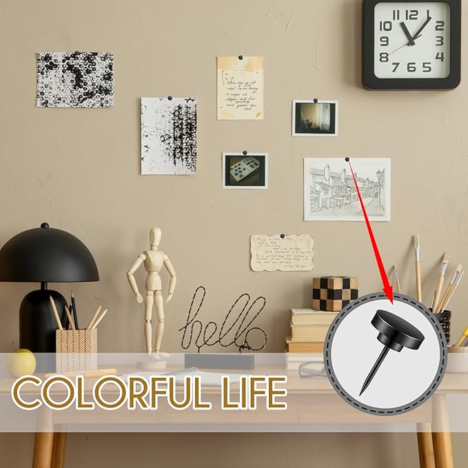 50 PCS Flat Push Pins for Cork Board, Black Metal Thumb Tacks for Wall Picture Photo Hanging, Board Posters Bulletin Maps, Office Home Decorative-DeskLoop Office