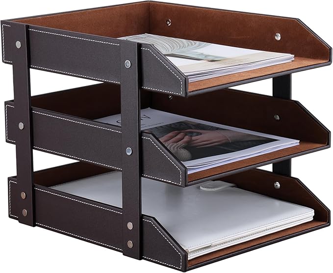 KINGFOM Letter Tray, Leather Paper Organizer Tray, Wooden Desk File Holder, Desktop File, Stackable Magazine Holder, Mail Sorter, Great for Home or Office - 3 Level Brown-DeskLoop Office