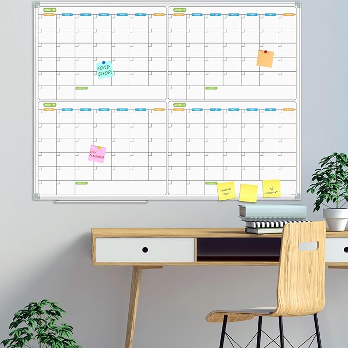 JILoffice Magnetic Dry Erase Calendar Whiteboard, 4 Month White Board Planner 48 X 36 Inch, Silver Aluminum Frame Wall Mounted Board for Office Home and School-DeskLoop Office