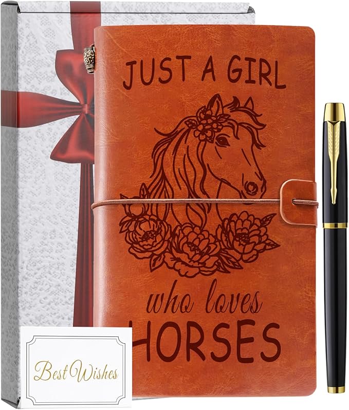 Just A Girl Who Loves Horses Leather Notebook Journal with Pen, Horse Stuff Horse Gifts for Girls Horse Lovers, Leather Refillable Notebook, Sketchbook, Travel Diary-DeskLoop Office