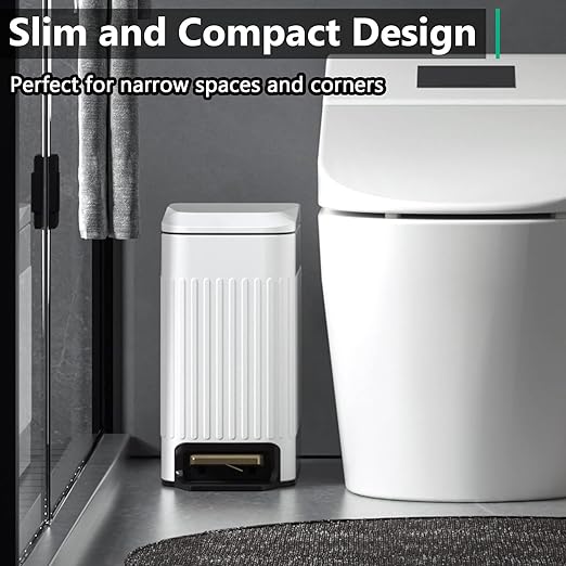 Small Bathroom Trash Can with Lid Soft Close-6L/1.6 Gal Slim Step Garbage Can-Metal Pedal Wastebasket-Narrow Rectangle Garbage Container Bin for Corner Office, Bedroom, Toilet, Live Room-White-DeskLoop Office