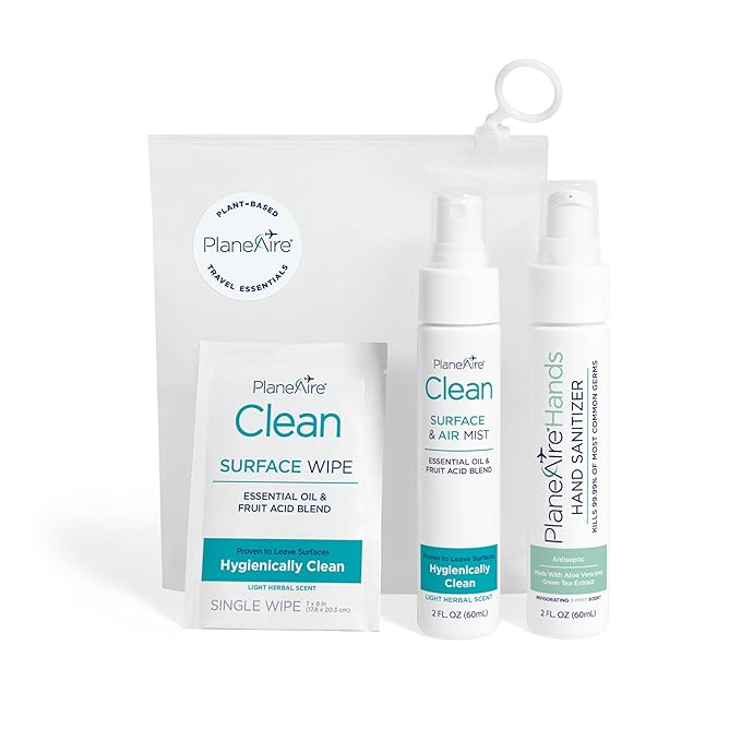 Travel Essentials | Hygiene Kit | Travel Toiletry Kit | Travel Size | Gel Hand Sanitizer 3-Mint Scent | Surface Wipes | Individual Travel Wipes | Surface Cleaner & Air Mist | Made with Essential Oils-DeskLoop Office