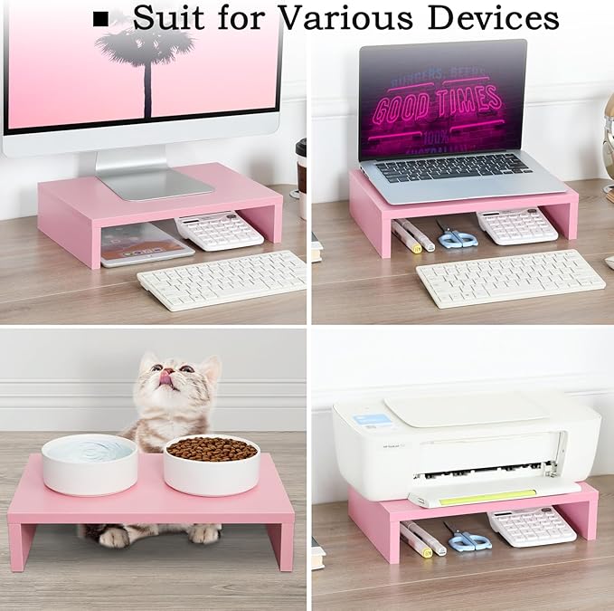 TEAMIX Pink Monitor Stand Riser-2 Pack,Wood 2 Tier Adjustable Monitor Stand Dual Monitor Riser for 2 Monitors/Laptop/PC Computer Stand for Desk-DeskLoop Office