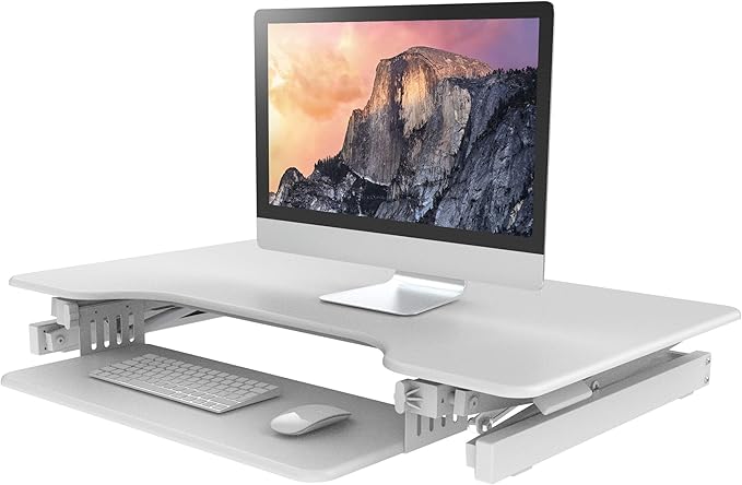 Rocelco 40" Large Height Adjustable Standing Desk Converter with Anti Fatigue Mat BUNDLE - Quick Sit Stand Up Computer Workstation Riser - Retractable Keyboard Tray - White (R DADRW-40-MAFM)-DeskLoop Office