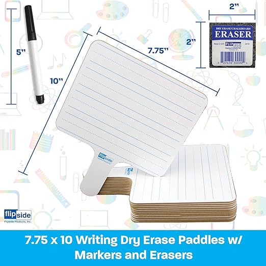 Flipside Products - 7.75" x 10" Two-Sided (Lined Side/Blank White Side) Rectangular Dry Erase Writing Answer Paddles, 12 Pack + Black Markers + Erasers-DeskLoop Office