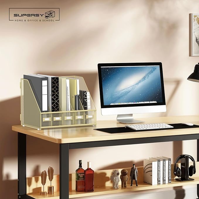 SUPEASY Desk Organizers Metal Desk Magazine File Holder with 5 Vertical Compartments Rack File Organizer for Office Desktop, Home Workspace, Golden Yellow, Plus-DeskLoop Office