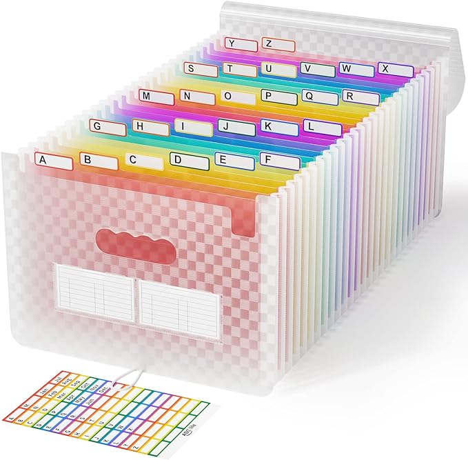 ABC life 26 Pockets Accordian File Folder Organizer Letter Size Expanding File Folder, A4 Portable Document Paper School Organizer, Expandable Multicolor Accordion Filing Folders with Labels(Pink)-DeskLoop Office