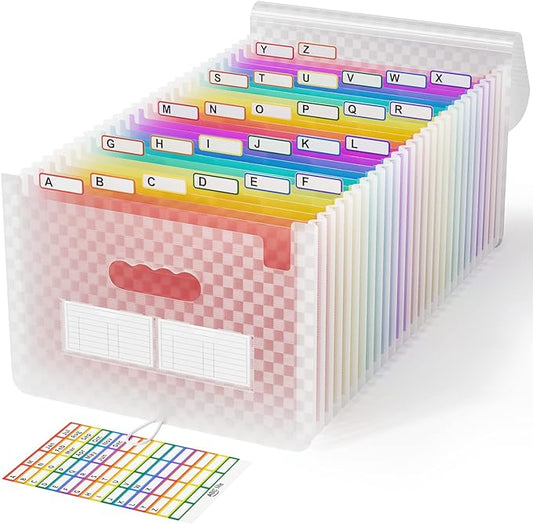 ABC life 26 Pockets Accordian File Folder Organizer Letter Size Expanding File Folder, A4 Portable Document Paper School Organizer, Expandable Multicolor Accordion Filing Folders with Labels(Pink)-DeskLoop Office