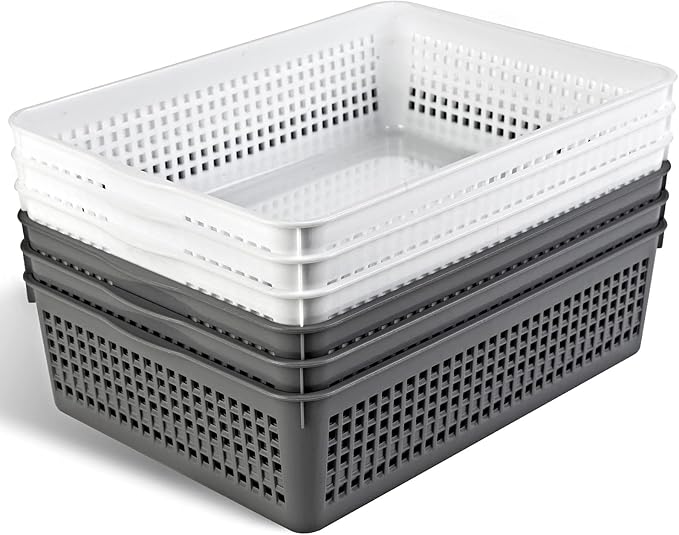 A4 Size Plastic Storage Basket,Desktop File Paper Letter Organizer Tray, 6-Packs (White+Grey)-DeskLoop Office