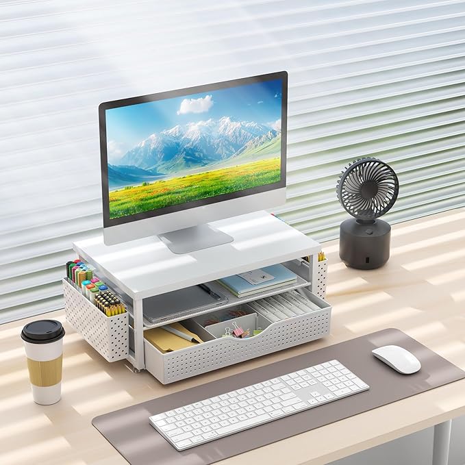 gianotter Wood Monitor Stand Riser, Office Desk Shelf Organizer, Desk Organizer with Drawer and Pen Holder, 2-Tier Computer Stand, Office Organization (Matte White)-DeskLoop Office