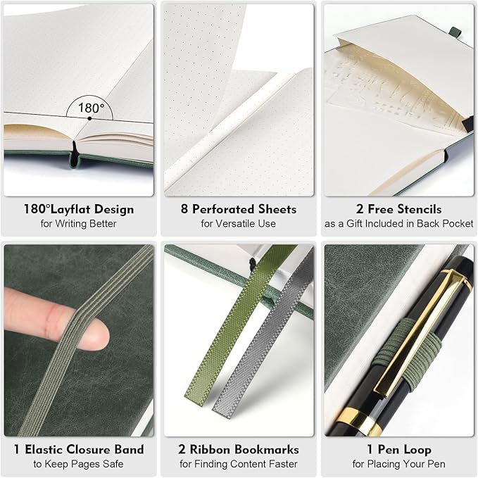 Dotted Journal Notebook, 312 Numbered Pages Large B5 Hardcover Leather Notebook, 100gsm No Bleed Paper Dot Grid Notebook with Index Pages, Dot Journal for Women Men, 7.6'' X 10'', Green-DeskLoop Office