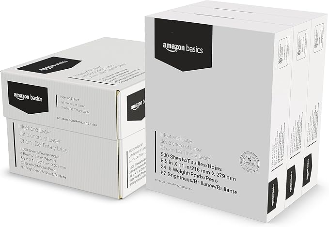 Amazon Basics Multipurpose Copy Printer Paper, 8.5-x-11-inch, 24lb, 1500 Sheets (3 Packs of 500), 97 Bright, White-DeskLoop Office