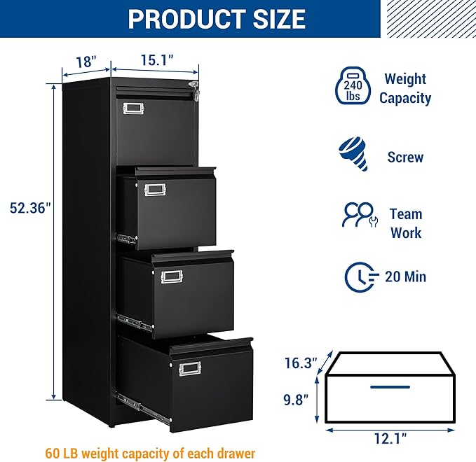 File Cabinet - 4 Drawers Vertical 17.8" Deep Lockable Filing Cabinet Black Metal Storage Cabinets for Home Office to Hanging Files Letter/Legal/F4/A4 Size