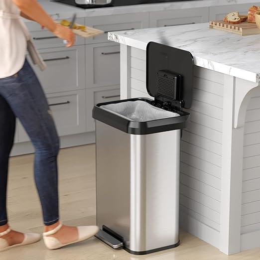 iTouchless SoftStep EXP 13.2 Gallon Step Pedal Trash Can Recycling Bin with Odor Filter Stainless Dent-Proof Plastic Lid Garbage Trashcan 50 Liter Home Office Bedroom Living Room Garage Wastebasket-DeskLoop Office