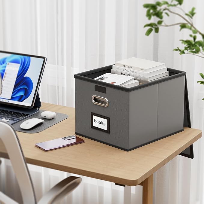 Huolewa Portable Leather File Organizer Boxes with Lids, Office Document Boxes Organizer, Filing Boxes, Decorative Small File Boxes for Hanging Files with Plastic Slide for Office/Decor/Home-DeskLoop Office