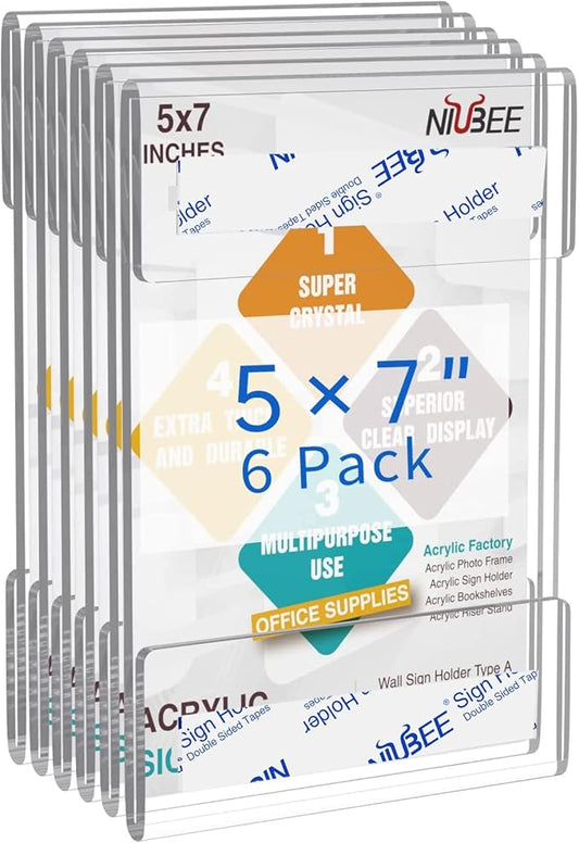 Niubee Acrylic Sign Holder 5x7 Vertical, Wall Mount Sign Holder Door Sign Holder Memo Holder Clear Wall Frame with Tape Adhesive for Office, Home, Store, Restaurant, No Drilling - Vertical (6 Pack)-DeskLoop Office