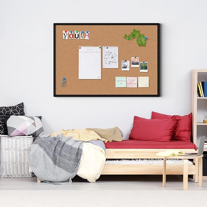Board2by Cork Board Bulletin Board 20 x 30, Black Aluminium Framed Corkboard, Office Board for Wall Cork, Large Wall Mounted Notice Pin Board with 16 Push Pins for School, Home & Office-DeskLoop Office