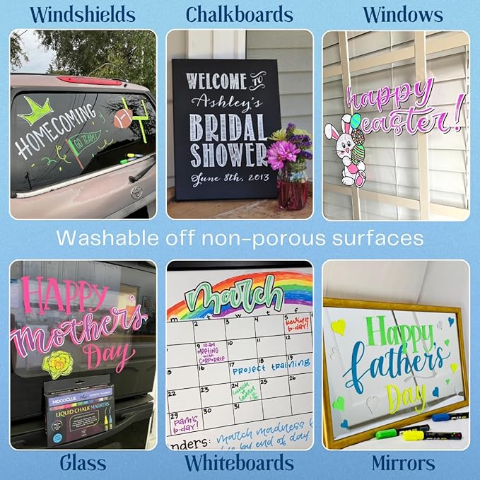 Liquid chalk markers 12 neon erasable Whiteboards, glass boards, chalkboards, windows, mirrors, car windshields, auto, glass. Odorless, non-toxic. Wet or dry erase. Thick and thin tip-DeskLoop Office