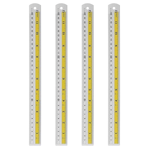 HARFINGTON 4pcs Metal Straight Ruler 30cm Metric SAE Aluminum Alloy Measuring Rulers Scale Tool with Hole for Measure Study Reading Classroom Office, Yellow-DeskLoop Office