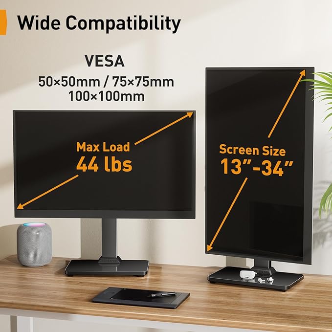 Perlegear Monitor Stand, Freestanding Monitor Mount for 13-34 inch Screens with 360 Degree Rotation, 5 Height Settings, Adjustable Desk Riser with Swivel and Tilt, Max VESA 100x100mm, PGTVS29-DeskLoop Office