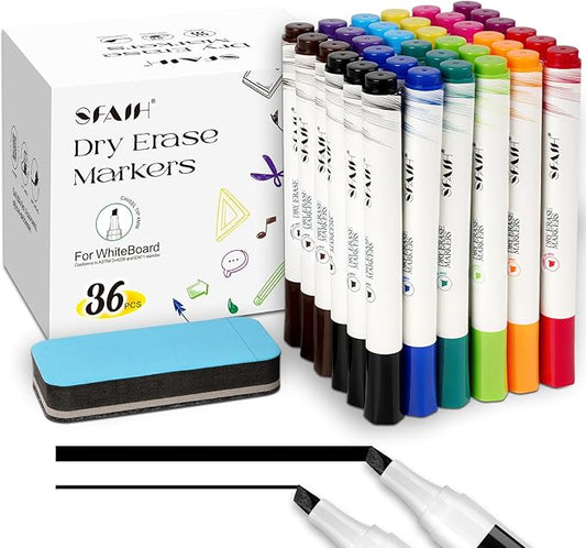 SFAIH Dry Erase Markers Chisel Tip with Magnetic Whiteboard Eraser, 36 Bulk 12 Assorted Colors White Board Markers for Teachers, Versatile Lines, 1s Quickly Dry, Perfect for Classroom and Office-DeskLoop Office