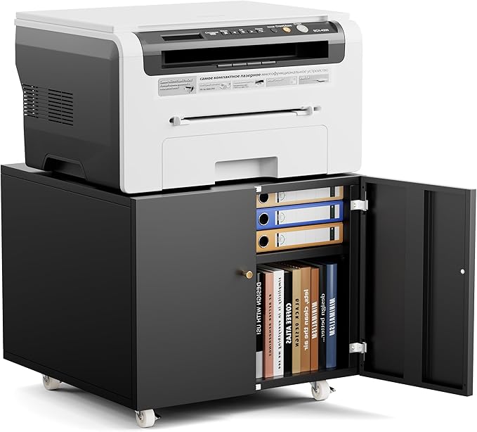 Warmiehomy Metal Printer Stand with Storage Mobile Printer Tables for Small Spaces with Door Adjustable Shelf Black File Cabinet on Wheels for Home Office-DeskLoop Office