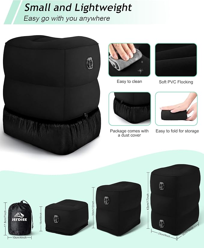 JefDiee Inflatable Travel Foot Rest Pillow, Kids Airplane Bed, Adjustable 3 Layers Height Leg Rest Pillow, Adults Travel Essentials Great for Airplane, Office, Home, Trains, Cars (Black)-DeskLoop Office