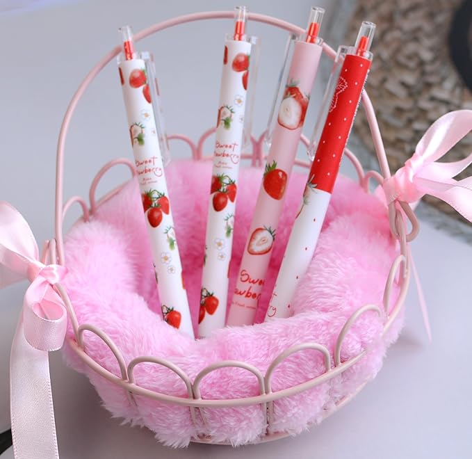 YYaaloa 12pcs Cute Strawberry Pens Black Gel Ink Pens Retractable 0.5mm Gel Pens Nice Gifts Fun Pens for Kids Girls Boys Christmas Gifts