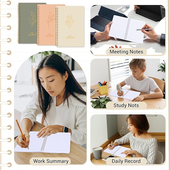 3 Pcs Spiral Notebook 5.9x8.3, 140 Pages Small Notebook for Women A5 College Ruled Journals Cute Notebooks with Large Pockets and Index Stickers for Home School Office Use(Green, Beige, Orange)-DeskLoop Office