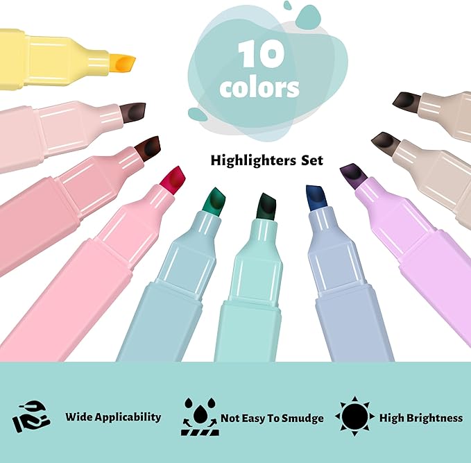 Highlighters, Aesthetic Cute Pastel Highlighters Set, 10 pcs, Chisel Tip, No Bleed Bible Highlighter Assorted Colors, Back to School Supplies-DeskLoop Office