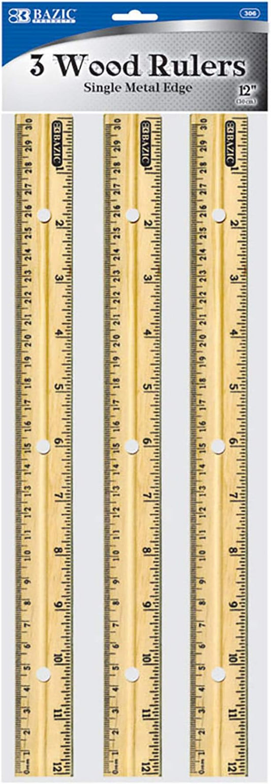 BAZIC Wooden Ruler 12" (30cm), Singel Metal Edge, Inches Centimeter Metric Measuring Drafting Rulers, for Students School Supplies (3/Pack), 24-Packs-DeskLoop Office