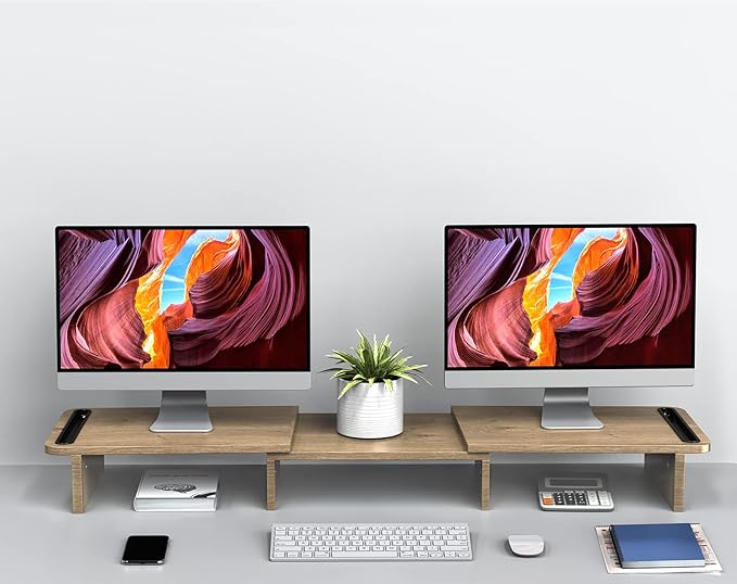 Zimilar Dual Monitor Stand Riser, Monitor Stand with Adjustable Length and Angle, Wood Monitor Stand for Desk, Monitor Riser for 2 Monitors with Storage Space-DeskLoop Office