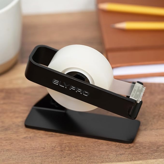 ELYPRO Modern Tape Dispenser for Office Desk - Elegant and Minimalist Design, Heavy Metal Made, Space-Saving, Perfect for Office & Home Use or as a Stylish Gift - Bonus Tape Roll Included (Black)-DeskLoop Office