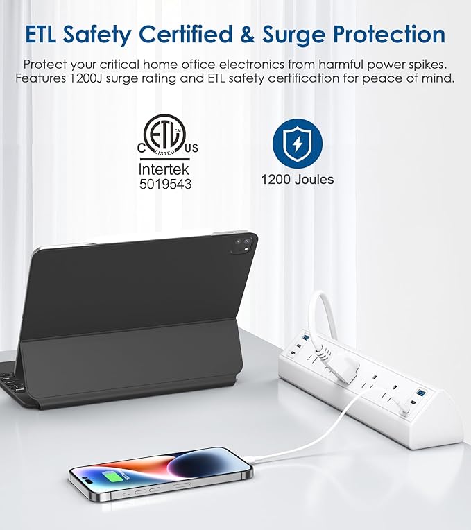 Jgstkcity Desk Clamp Power Strip USB C,40W Total Fast Charging Station,4 PD 20W USB C Ports,Desk Edge Mount Surge Protector,5 Outlets,Fit 1.96" Tabletop Edge,ETL Listed,White-DeskLoop Office